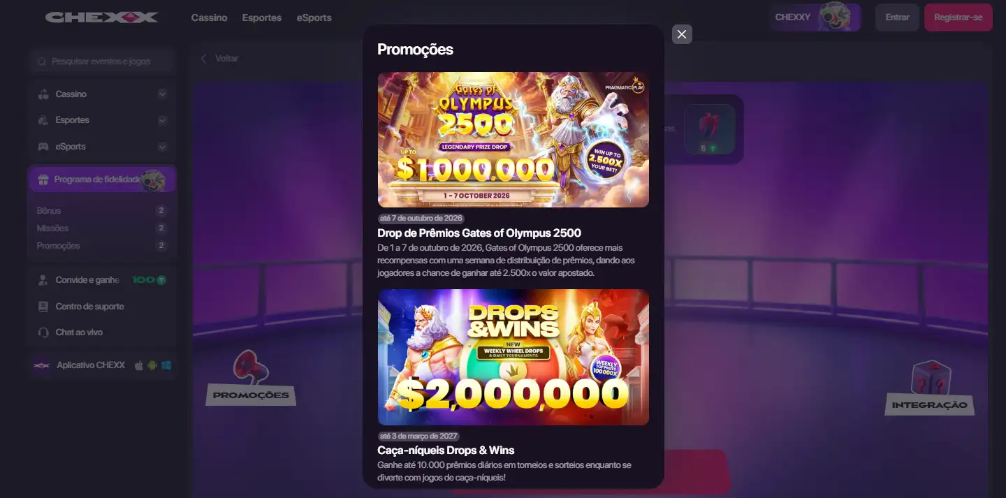 Pacote de boas-vindas da CHEXX com três níveis de depósito e rodadas grátis
