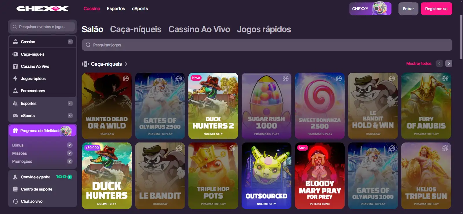 Lobby de casino da CHEXX com categorias filtros e grelha de jogos