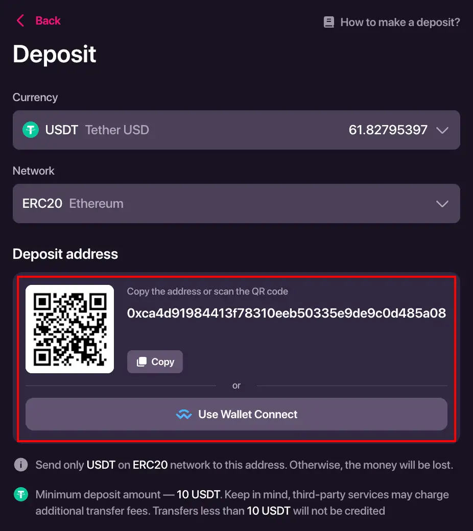 Janela de depósito da CHEXX com seleção de criptomoeda rede e endereço de carteira