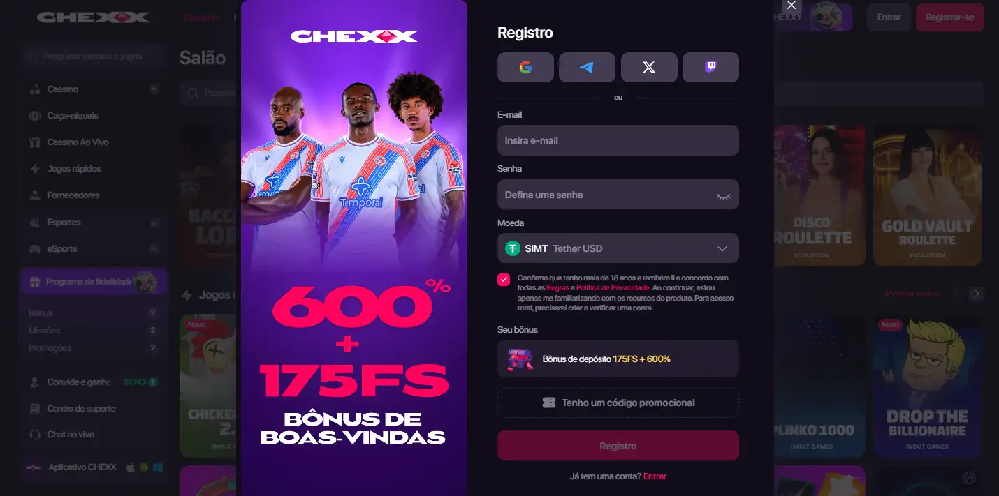 Formulário de registo da CHEXX com campos de email e palavra-passe e opções alternativas